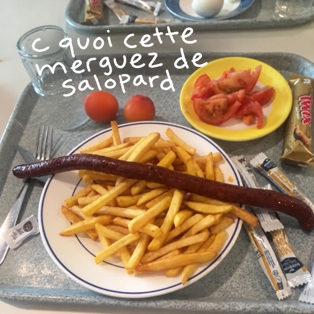Une merguez démesurée sur une assiette de frites, annotée à la main
