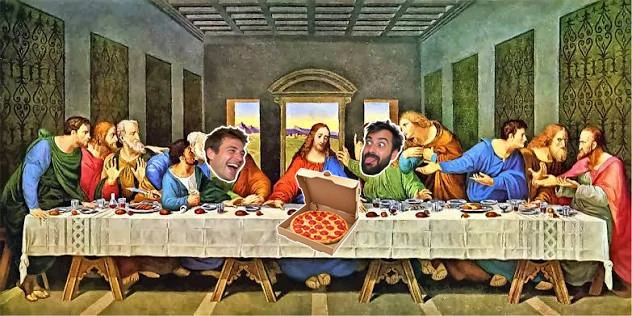 The Last Supper with two faces and a pizza box added as stickers, cropped square