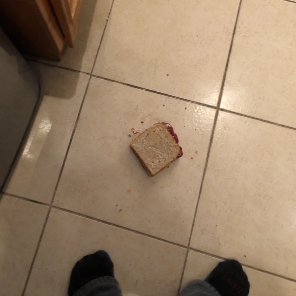 A slice of toast that landed jam-side down, displayed in the museum