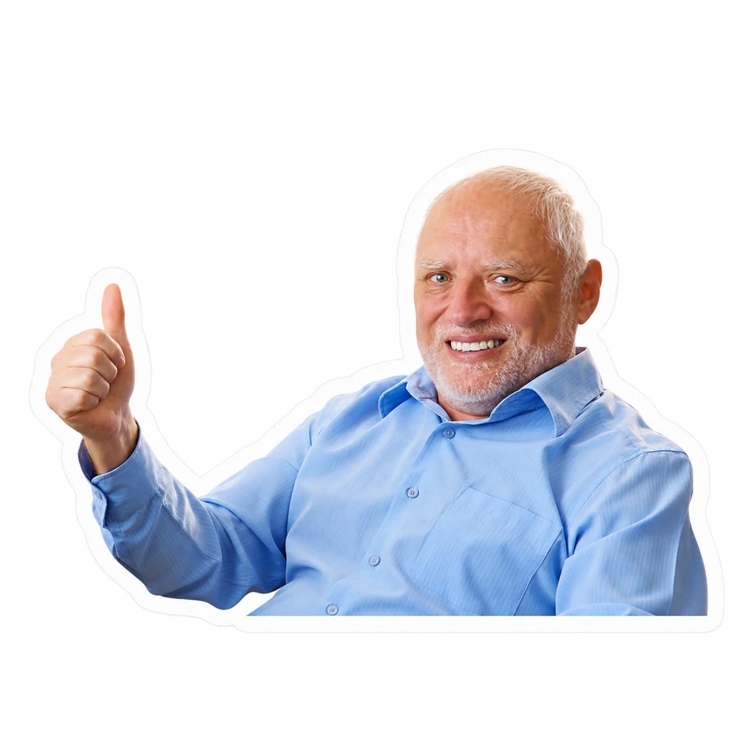A smiling man in a blue shirt giving a thumbs up, as a sticker with a white border