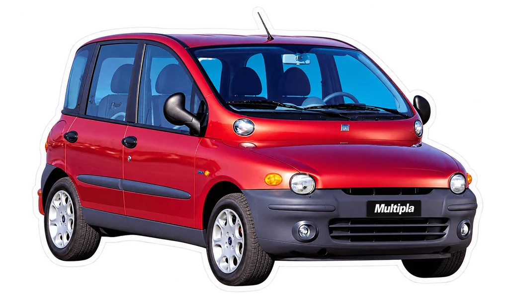 A cutout sticker of a red Fiat Multipla with a white border