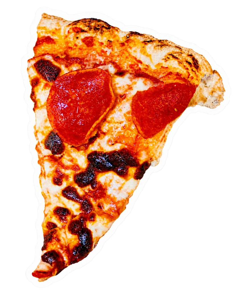 A cutout sticker of a real slice of pepperoni pizza
